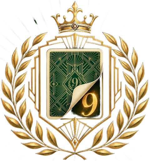 The Baccademy crest: a crowned gold laurel wreath around a card peeled back to reveal a nine