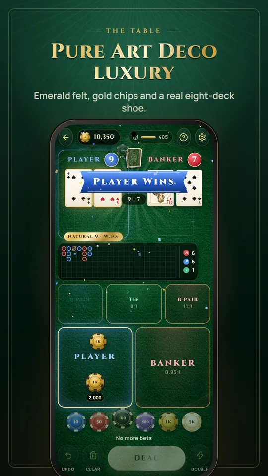 Pure Art Deco luxury: emerald felt, gold chips and a Player win